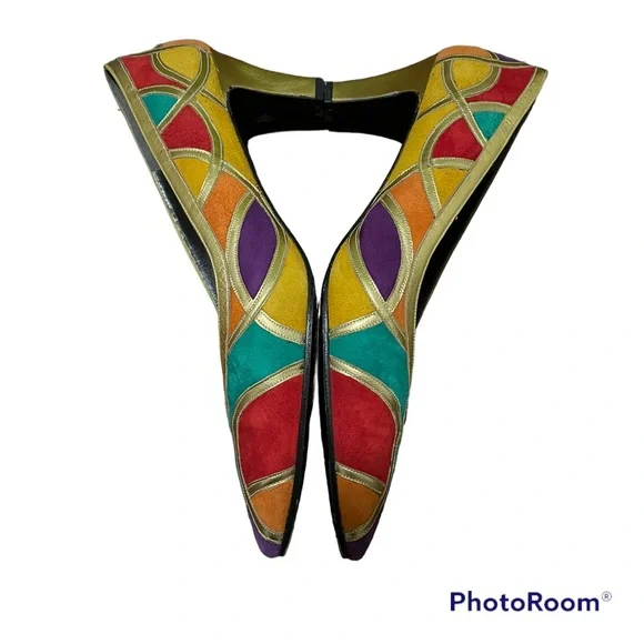Vintage Margaret Jerrold suede multi-colored patchwork pumps - Picture 1 of 11